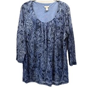 Chicos Women's Top Size XL Blue Paisley Mesh Lined Pullover 3/4 Sleeves Stretch